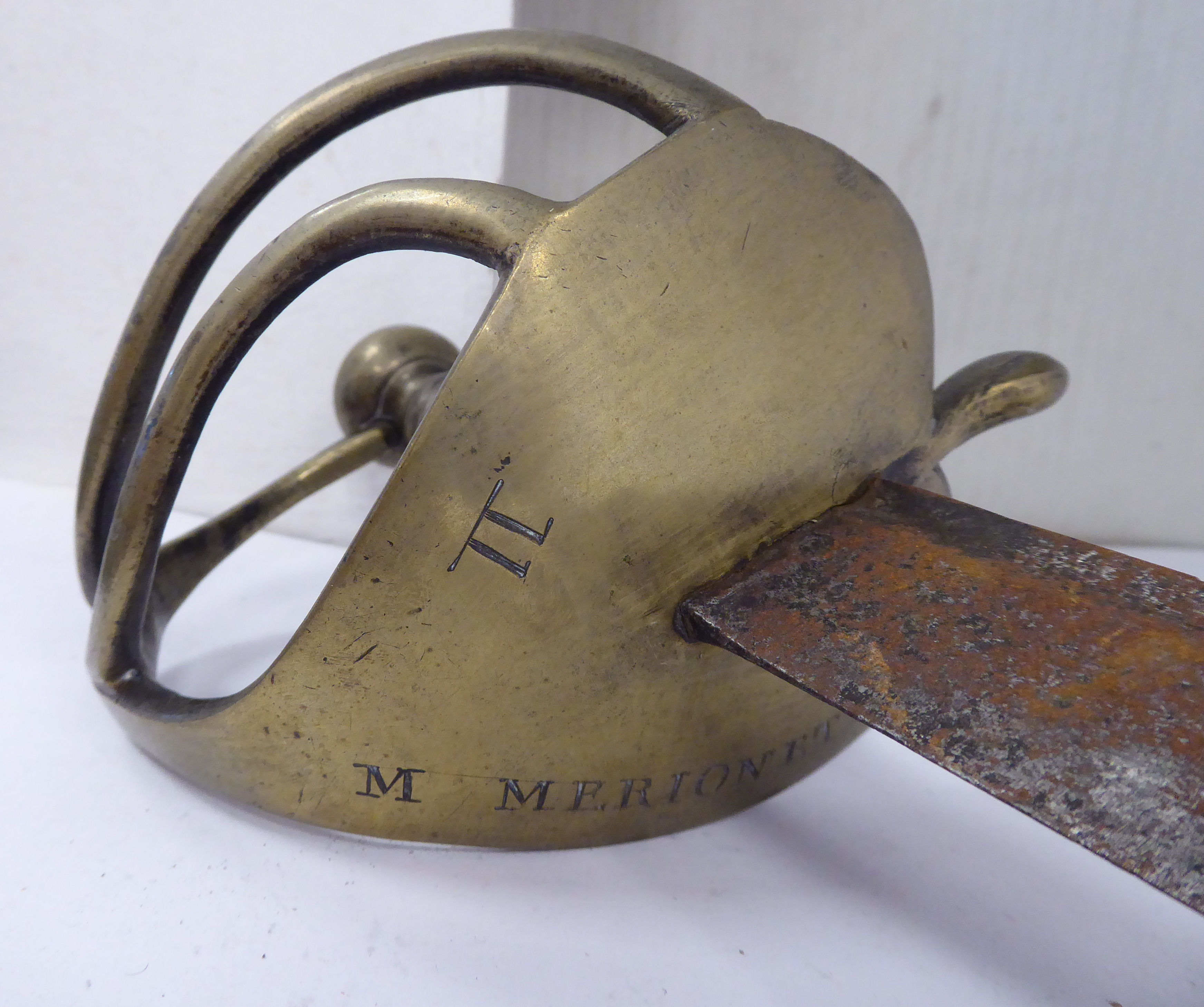 A 19thC infantry hanger, the cast brass handle with a ropetwist grip and spherical pommel, - Image 3 of 5