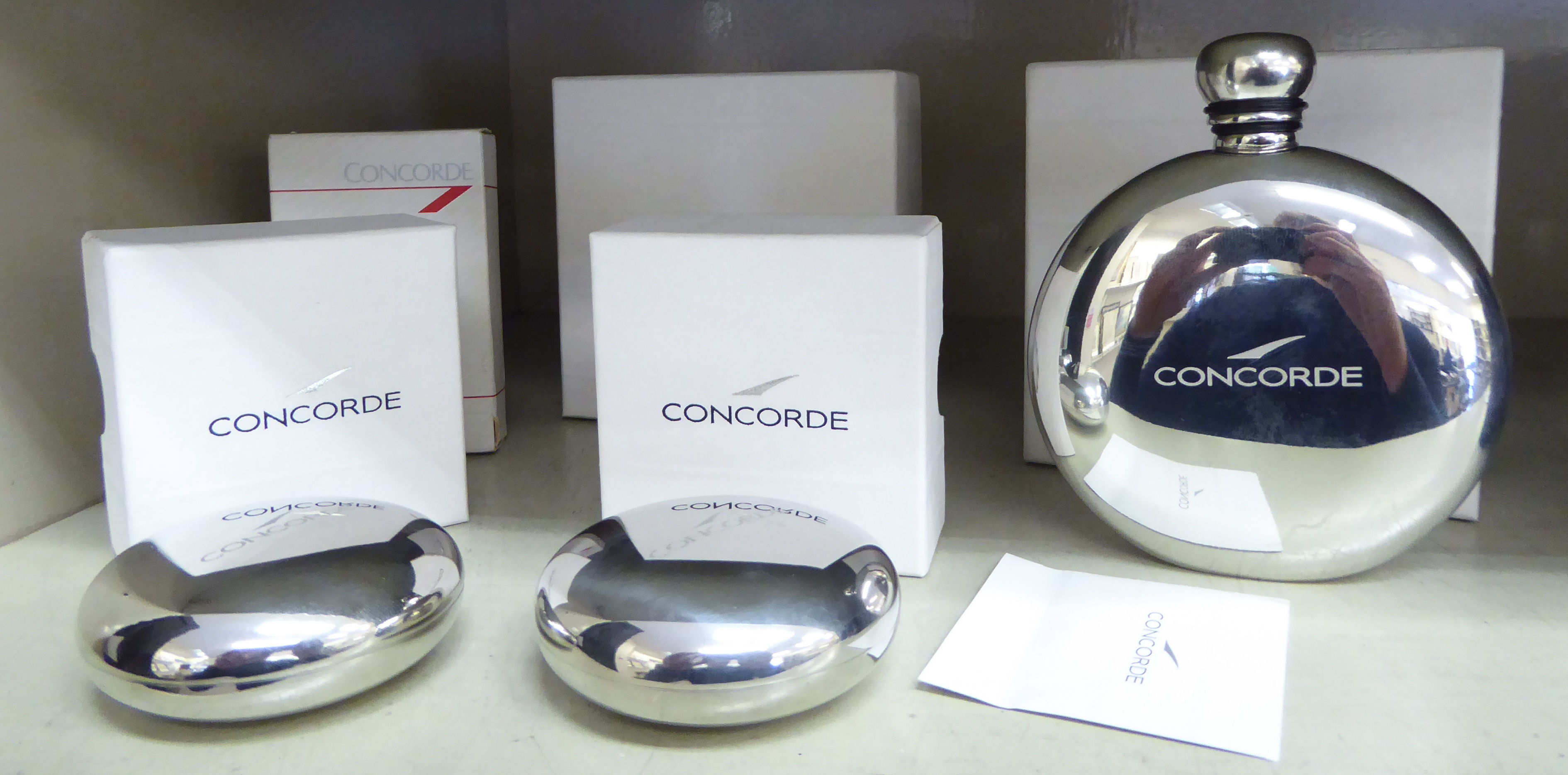 British Airways Concorde related ephemera: to include a pewter hip flask boxed OS1