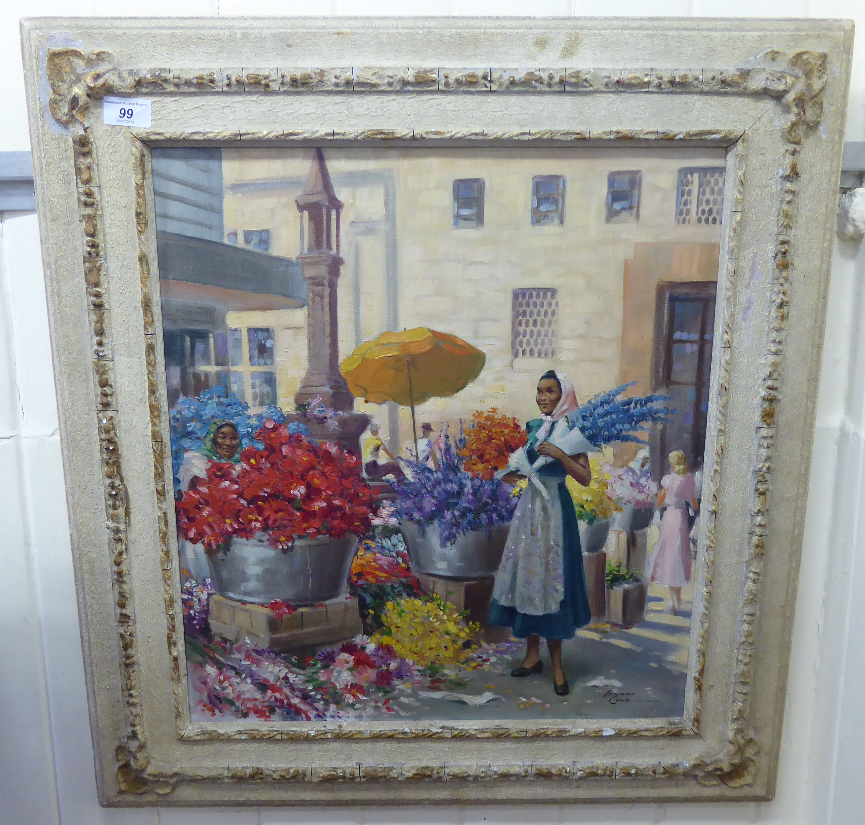 Edward Cole - a Mediterranean market street scene with a woman buying flowers oil on canvas bears