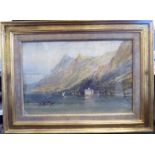 Late 19thC North Italian School - an Alpine scene with figures in small craft on a lake in the