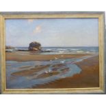 Hely Smith - a shoreline scene with gulls on the sand and a lone rock beyond oil on canvas bears