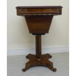 A Regency rosewood and satin marquetry work table, the hinged,