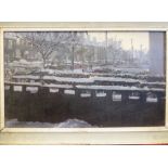Ken Howard - suburban gardens in winter oil on canvas bears a signature (JK Howard) 11.