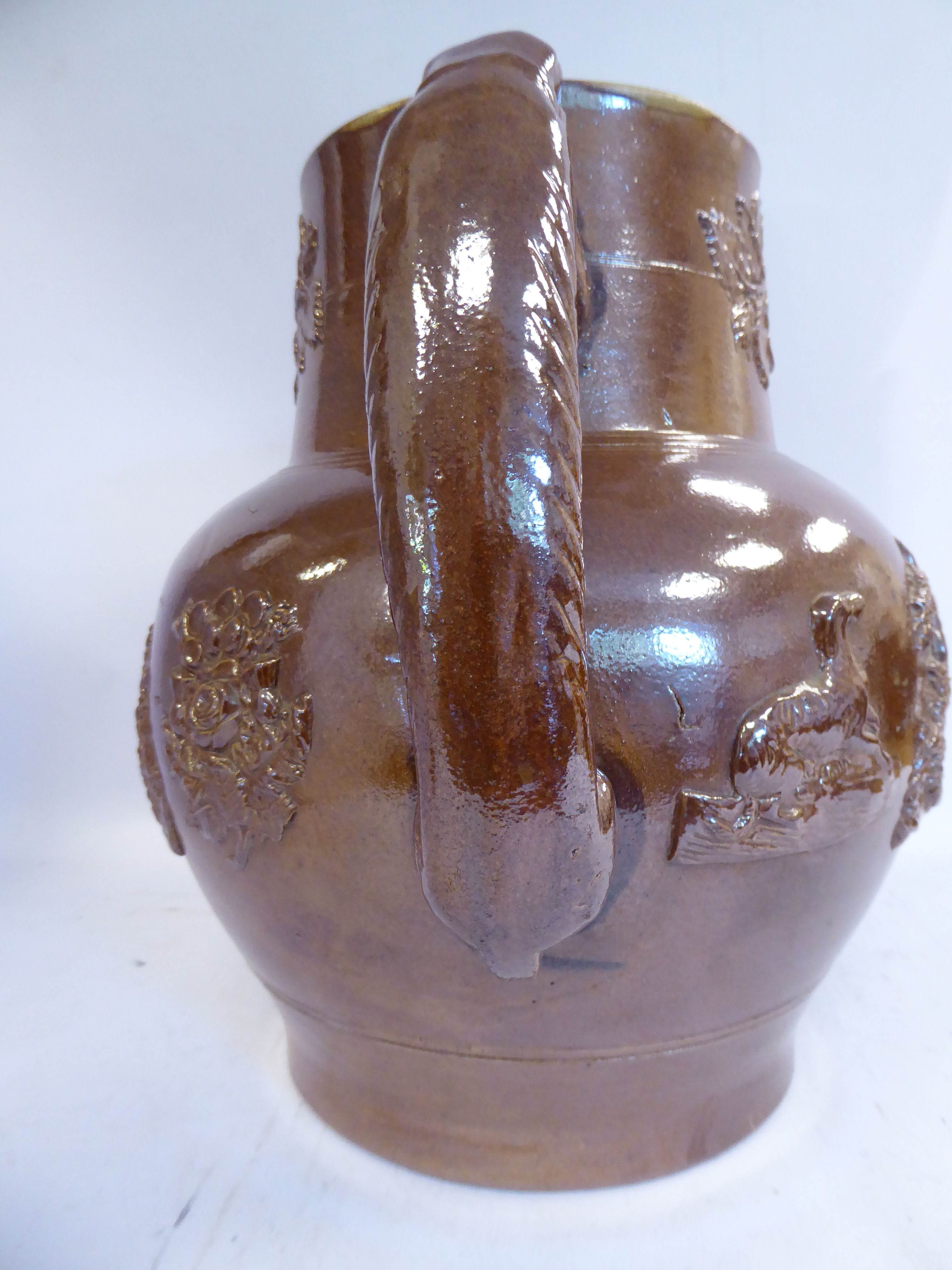 A mid 19thC salt glazed stoneware harvest jug, having an upstand neck and hound handle, - Image 2 of 6