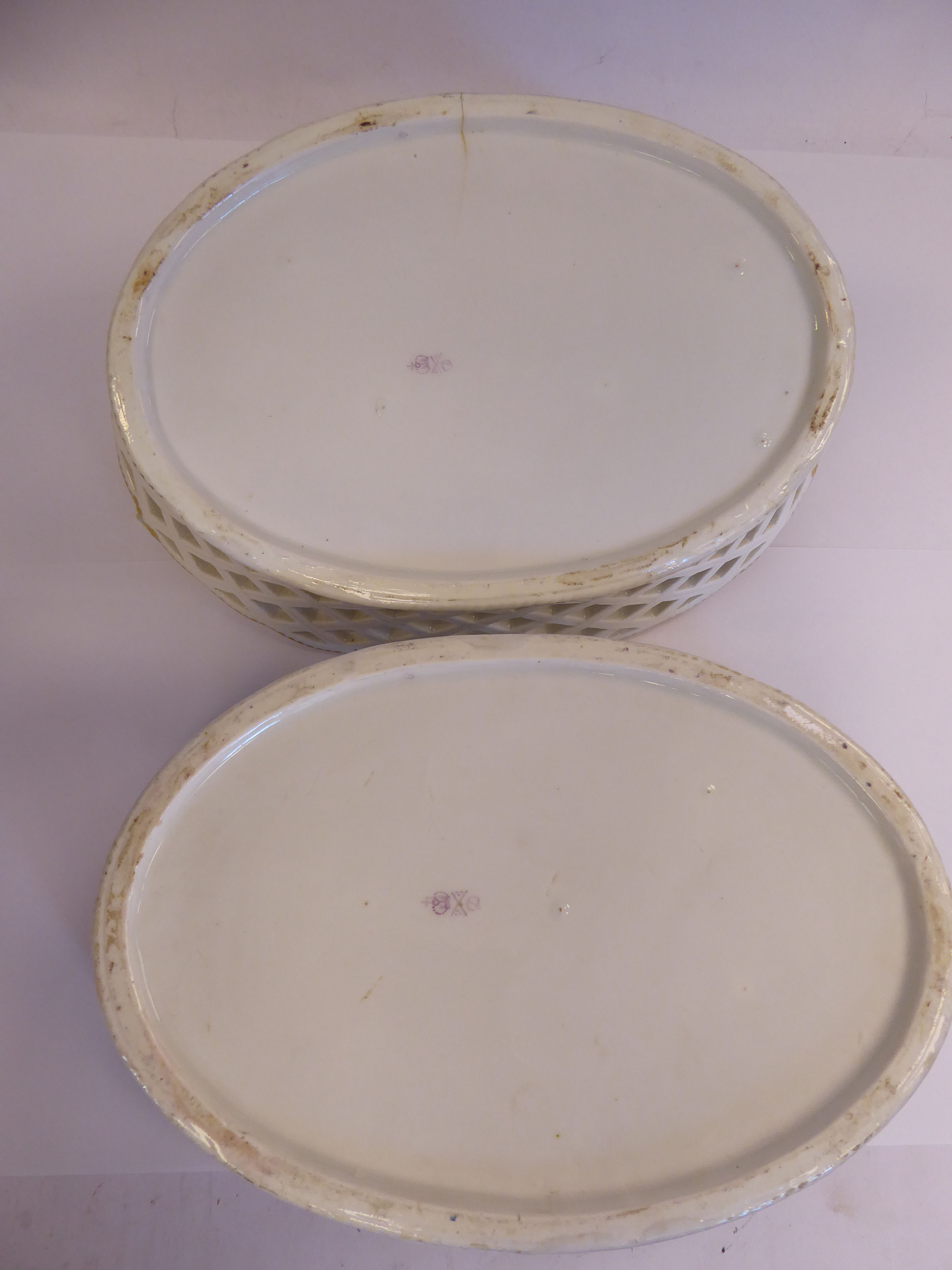 A pair of early 19thC Derby porcelain oval baskets with flared, - Image 7 of 7