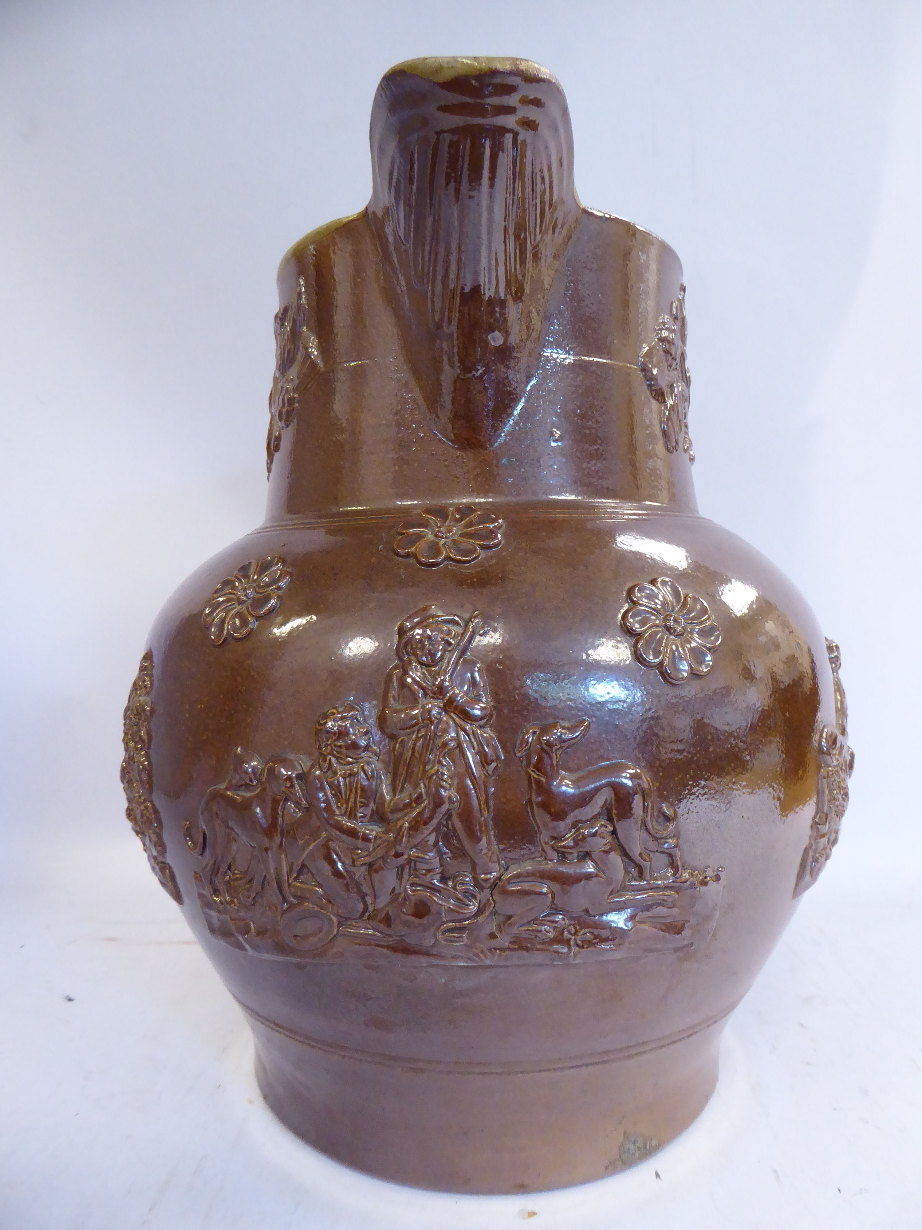 A mid 19thC salt glazed stoneware harvest jug, having an upstand neck and hound handle, - Image 4 of 6