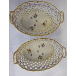 A pair of early 19thC Derby porcelain oval baskets with flared,