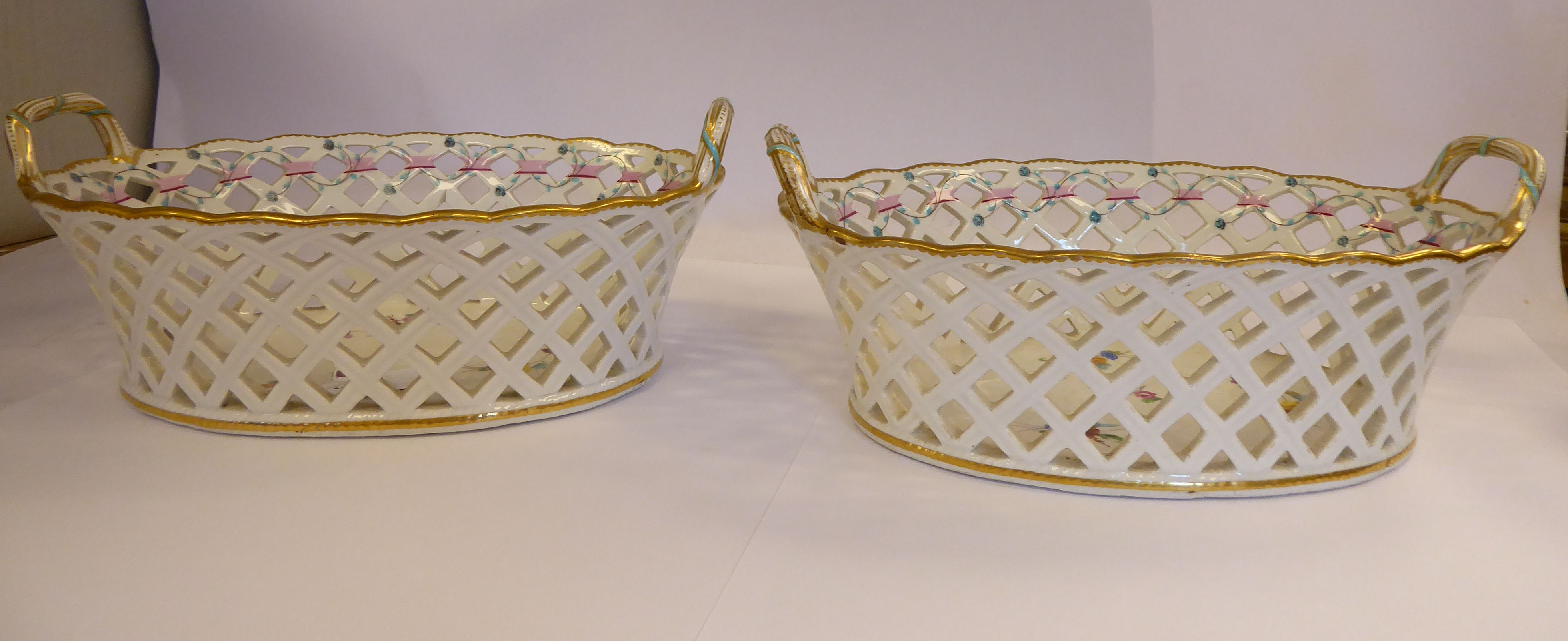 A pair of early 19thC Derby porcelain oval baskets with flared, - Image 2 of 7