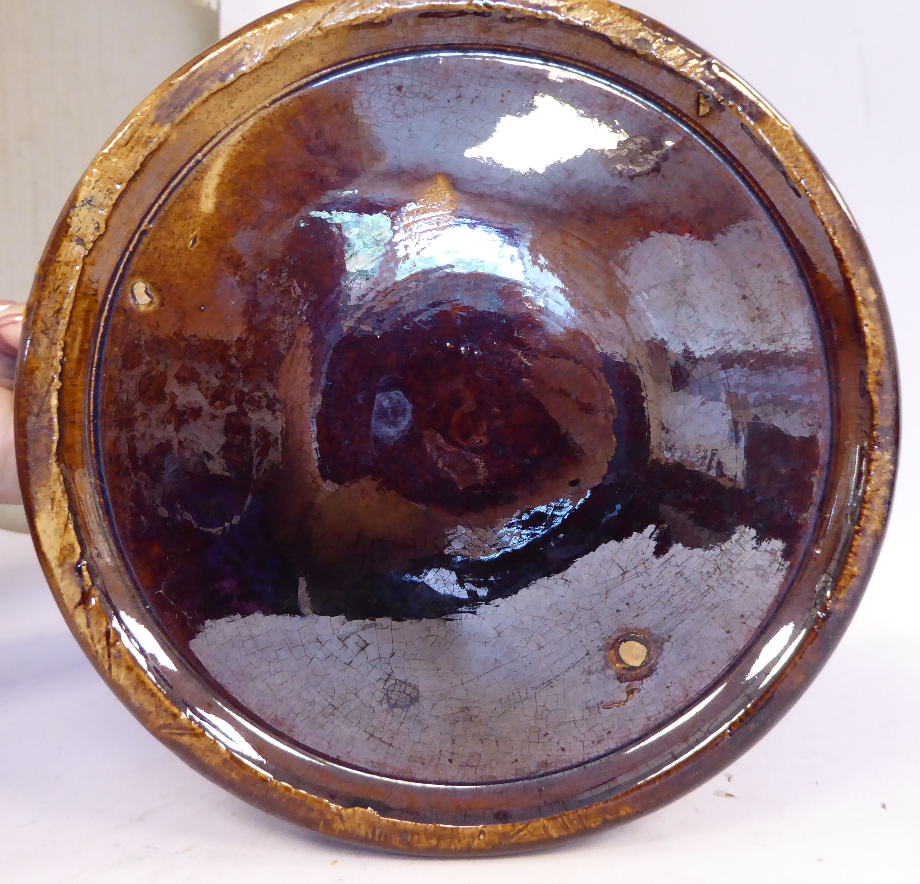 A mid 19thC treacle glazed earthenware 'oversize' loving cup with straight sides, - Image 7 of 7