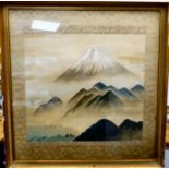 Early 20thC Japanese School - a volcanic mountain study with birds over water in the foreground