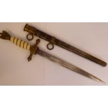 A replica German Navy (Kriegsmarine) dagger with a wire bound white handgrip,