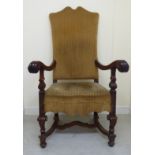 A late 18thC Continental, walnut framed throne chair with a high,