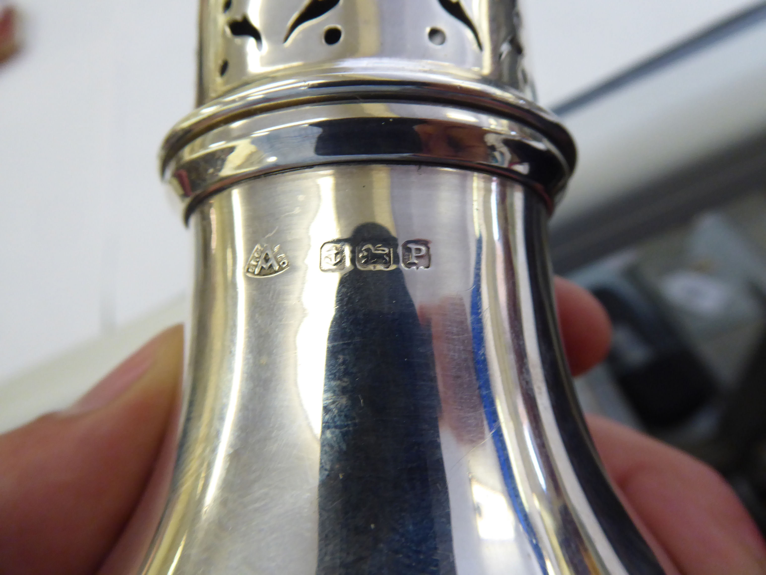 A silver caster of pedestal vase design with a perforated, - Image 2 of 2