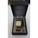 A Diamond & Co gold plated stainless cased wristwatch, faced by a baton dial,