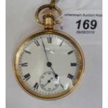 An early 20thC Waltham gold plated cased open face pocket watch, the keyless movement no.