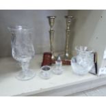 A mixed lot: to include a pair of two-part engraved and cut glass,