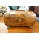 An early 19thC string inlaid rosewood tea casket of sarcophagus form, on claw feet,