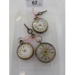 Three similarly engraved silver cased fob watches, two faced by Roman dials,