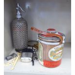 A mixed lot: to include a woven steel wire clad glass soda syphon;