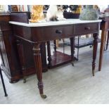 A William IV mahogany washstand, the mottled grey/white marble top with a low gallery,