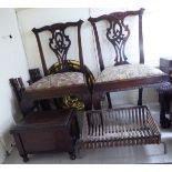 Small furniture: to include a pair of early 20thC Chippendale inspired walnut framed dining chairs,