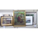 Six framed pictures: to include Maurice Jacques - a village church with figures oil on canvas