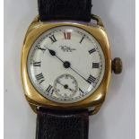 A Waltham yellow metal, square cased wristwatch,