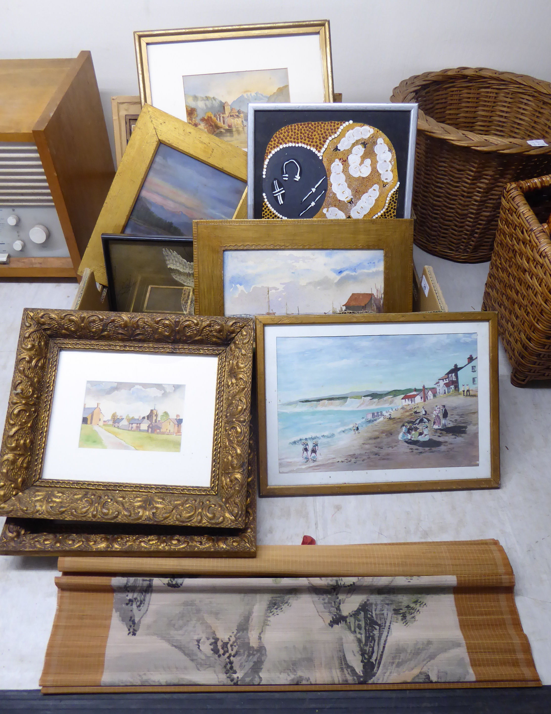 Framed pictures: to include an Edwardian seaside scene with figures and bathing machines