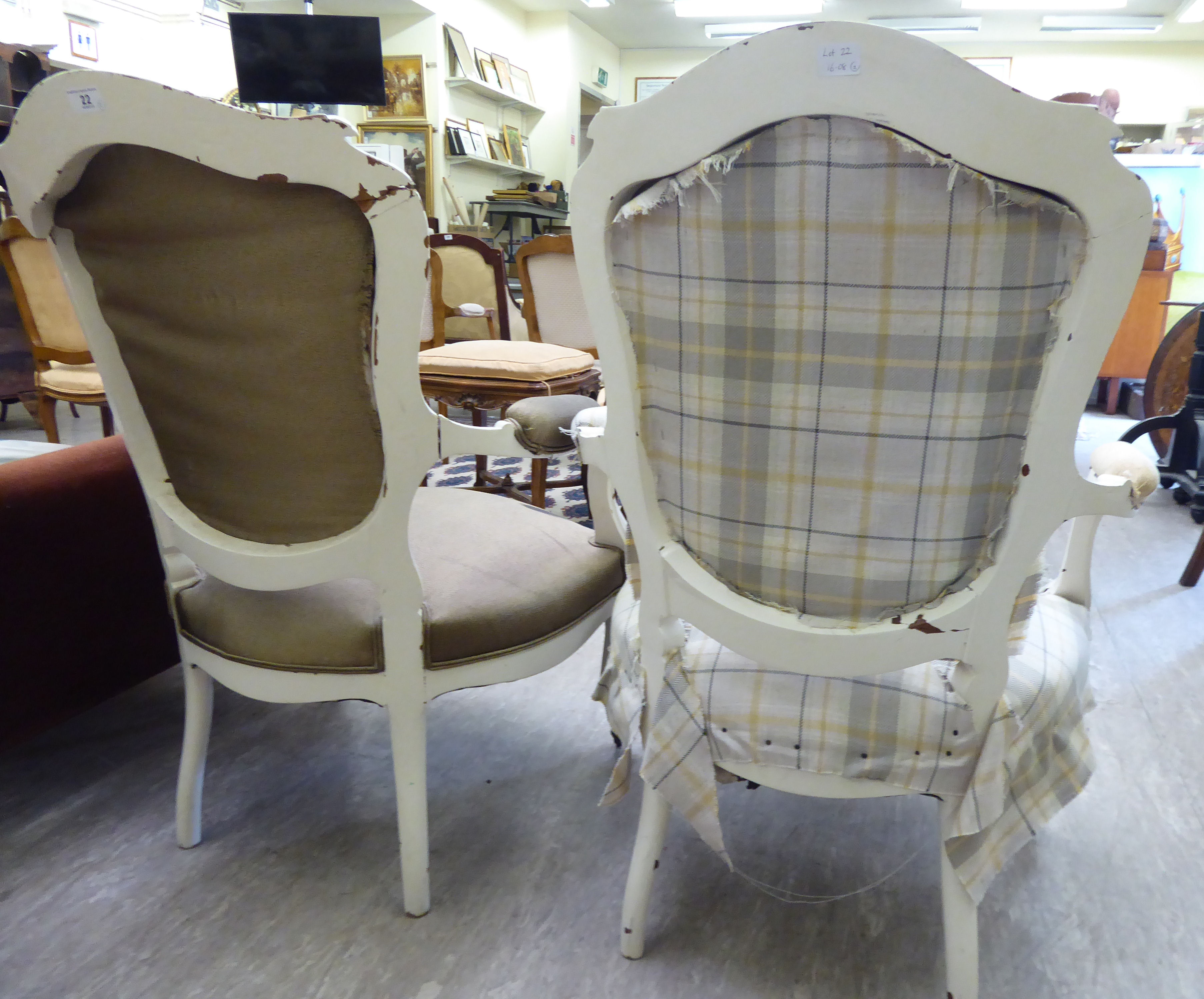 Two similar mid 20thC French inspired, white painted elbow chairs, the fabric upholstered backs, - Image 2 of 2