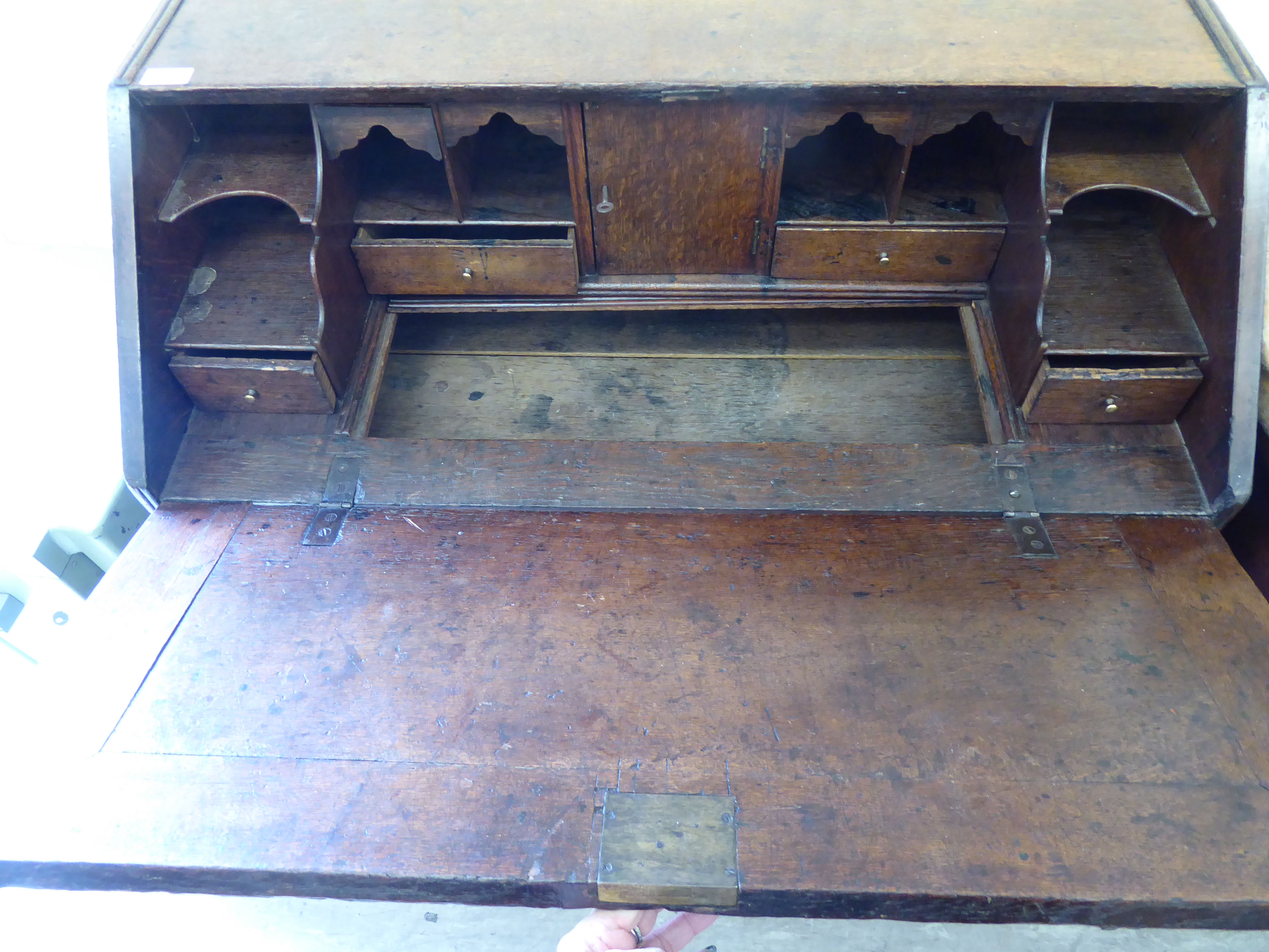 A George III oak bureau with a fall-flap, over two short/two long drawers, - Image 3 of 3