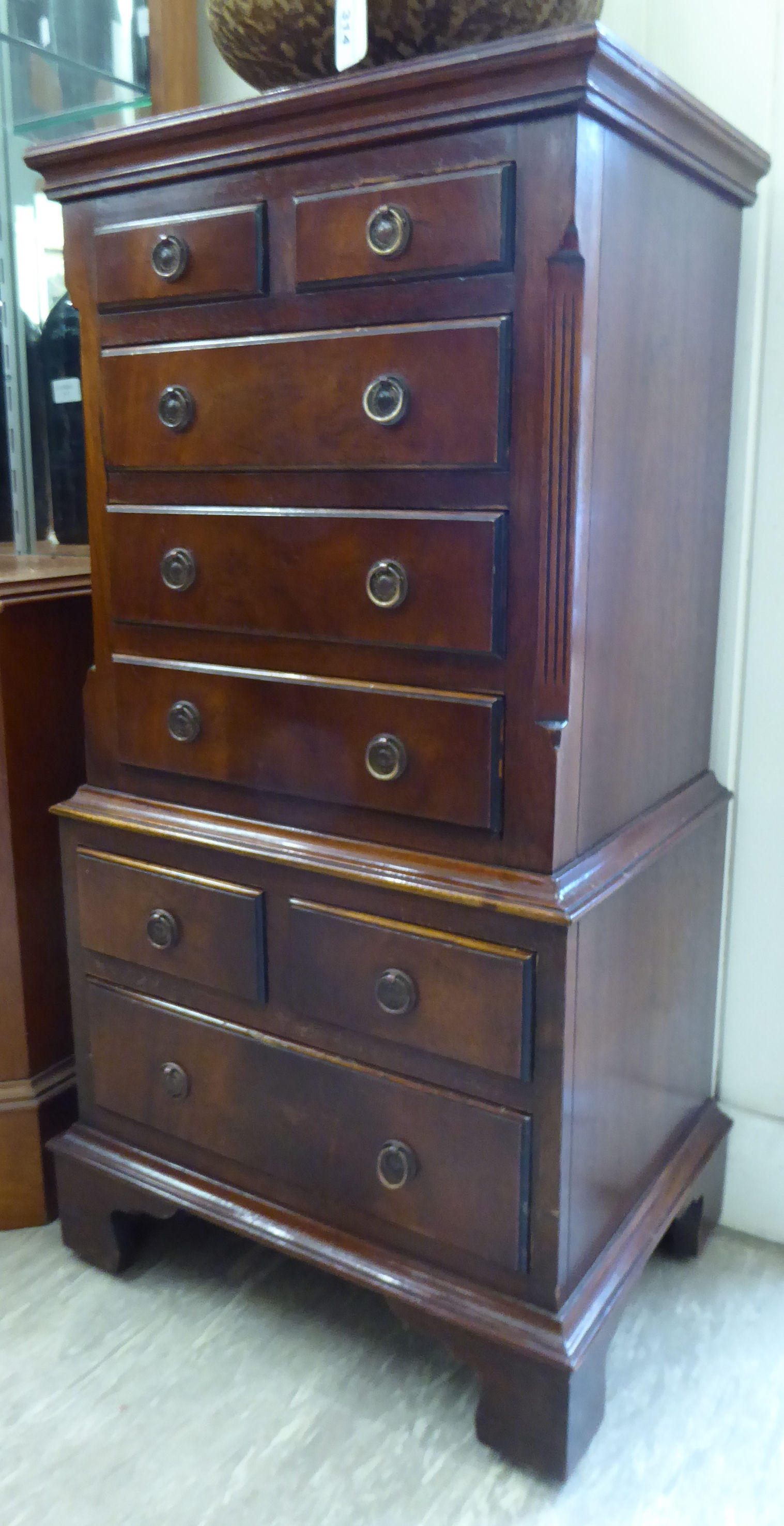 A Reprodux crossbanded mahogany miniature chest-on-chest with four short/four long drawers, - Image 2 of 2