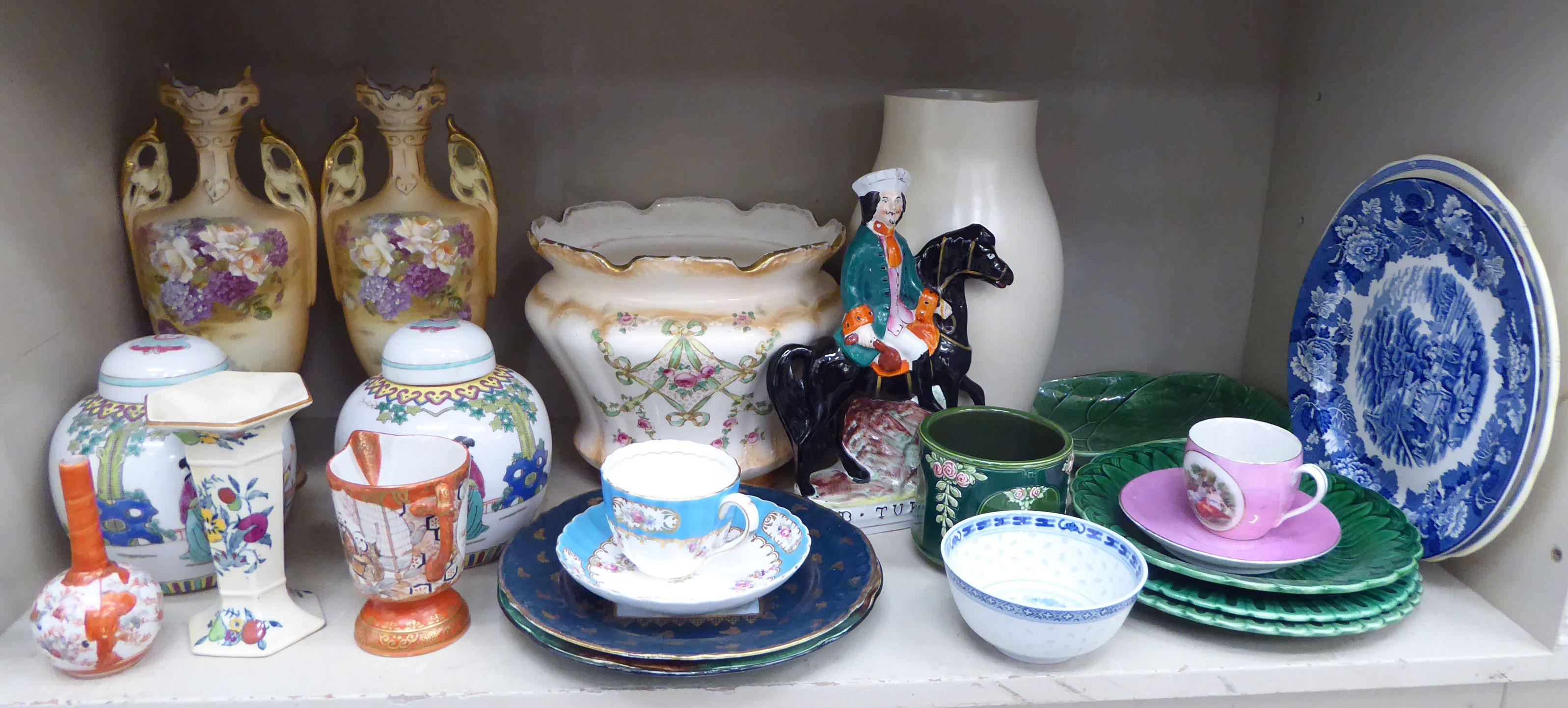 Decorative ceramics: to include a Satsuma earthenware pedestal jug and miniature bottle vase,