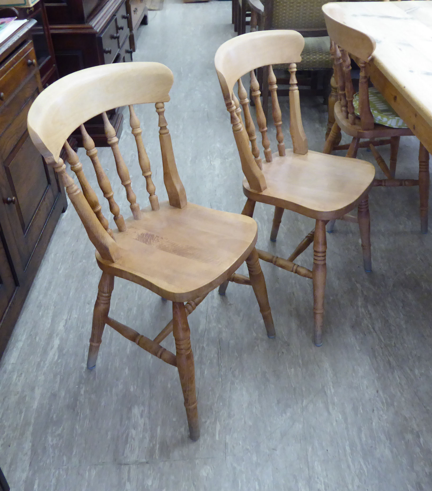 A modern honey coloured pine farmhouse kitchen table with a scrubbed, planked top, - Image 3 of 3