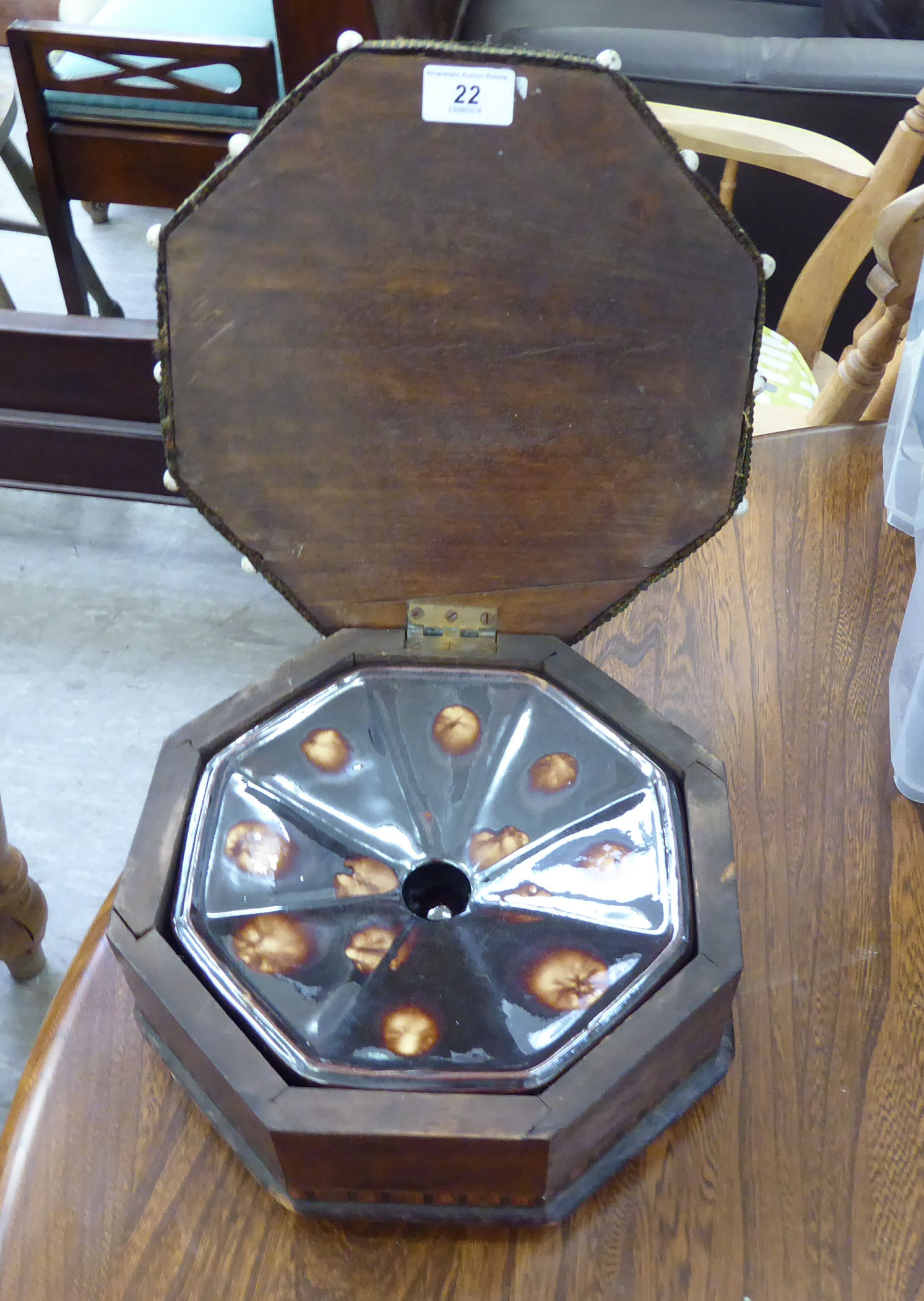 A late Victorian octagonal mahogany spittoon with inlaid border ornament,