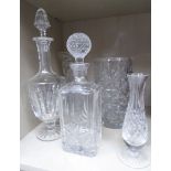 Decorative glassware: to include a slice ornamented cylindrical vase 9''h; and a shouldered,