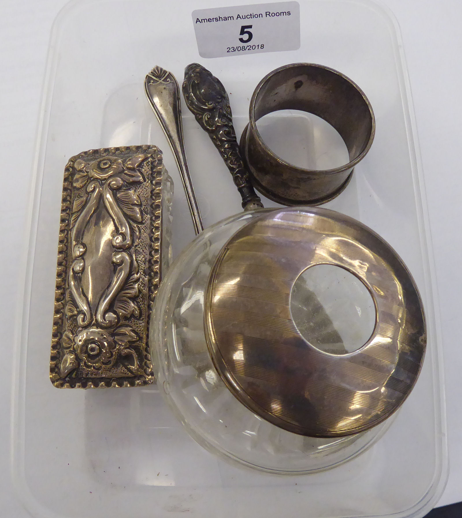 Silver items: to include a napkin ring and conserve spoons mixed marks 11