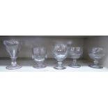 Five similar 19thC pedestal glasses with thumb moulded and line-cut ornament OS1