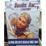 A metal advertising sign 'Bombs Away Laxatives' 28'' x 20'' SR