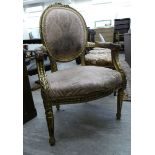 A late 19thC style giltwood open arm salon chair, the floral upholstered back,