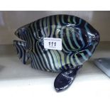 An Art Glass model fish with blue and green stripped decoration bears an indistinct signature 5.