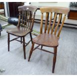 Two dissimilar, early 20thC beech and elm framed kitchen chairs with solid seats,