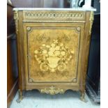 A Louis XVI style stained beech and marquetry side cabinet with a marble top,