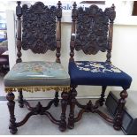 A pair of late 19thC Continental, mahogany framed side chairs, each having a solid,