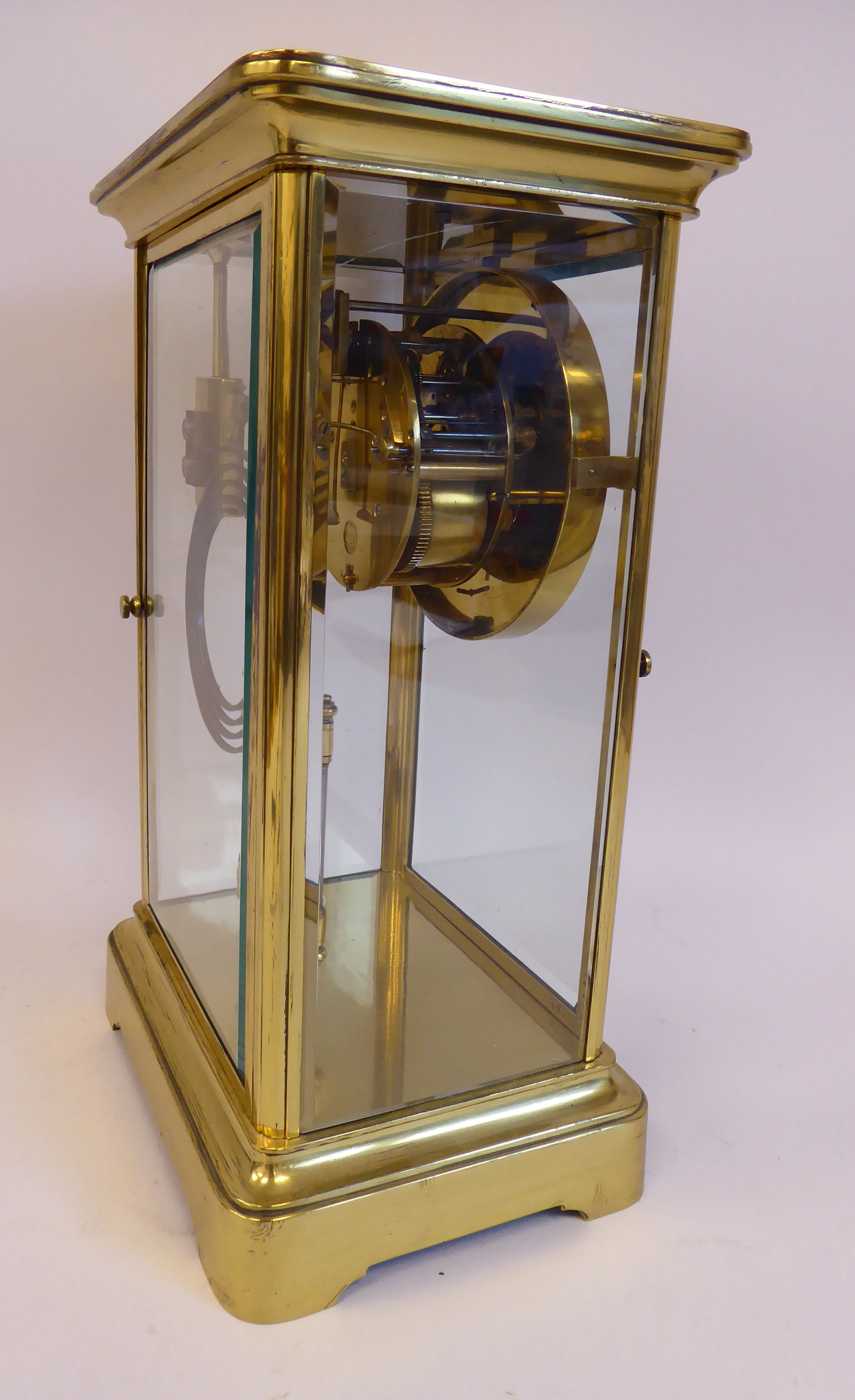 An early 20thC lacquered brass cased, four glass mantel clock, - Image 6 of 7