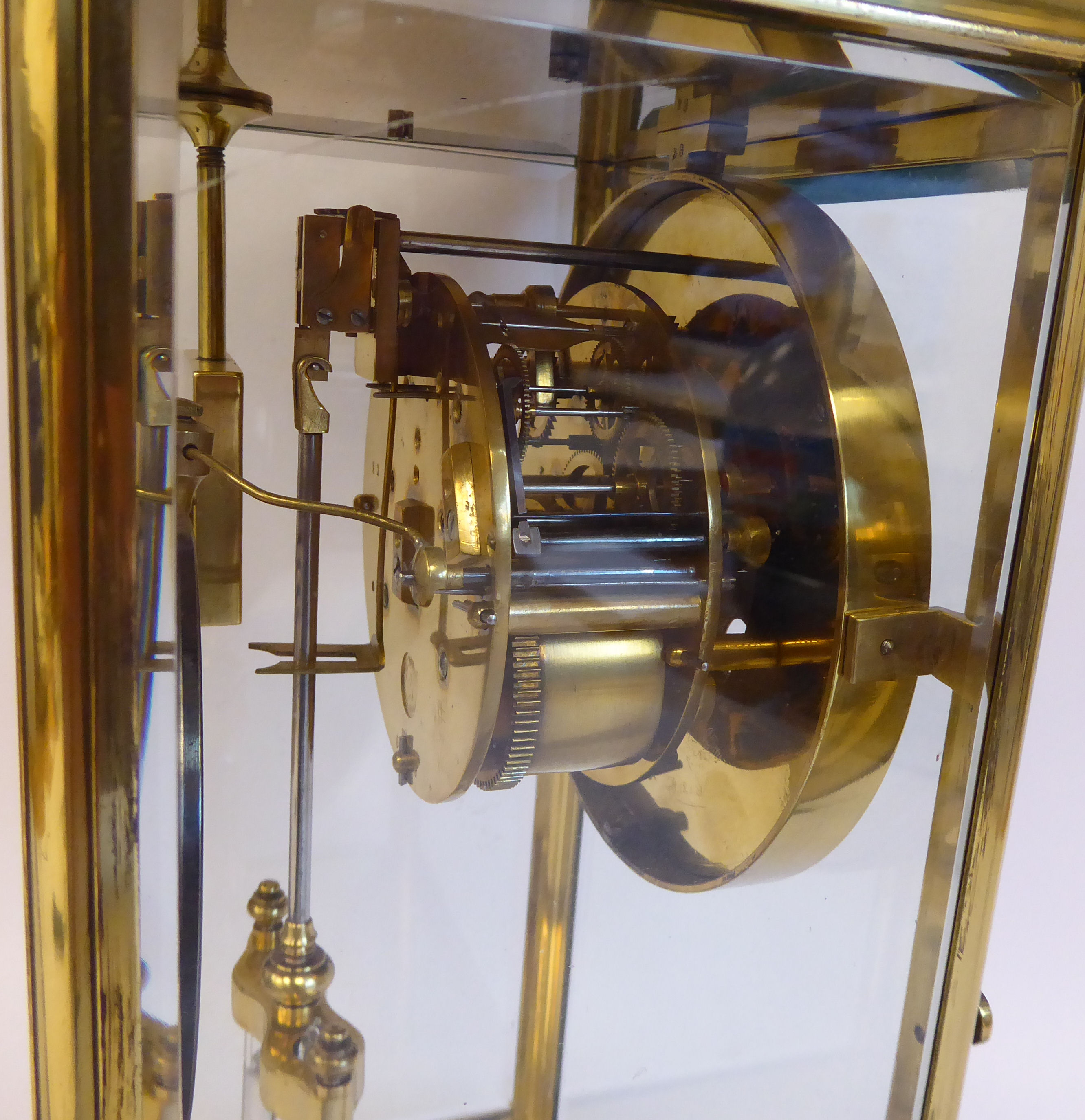 An early 20thC lacquered brass cased, four glass mantel clock, - Image 7 of 7