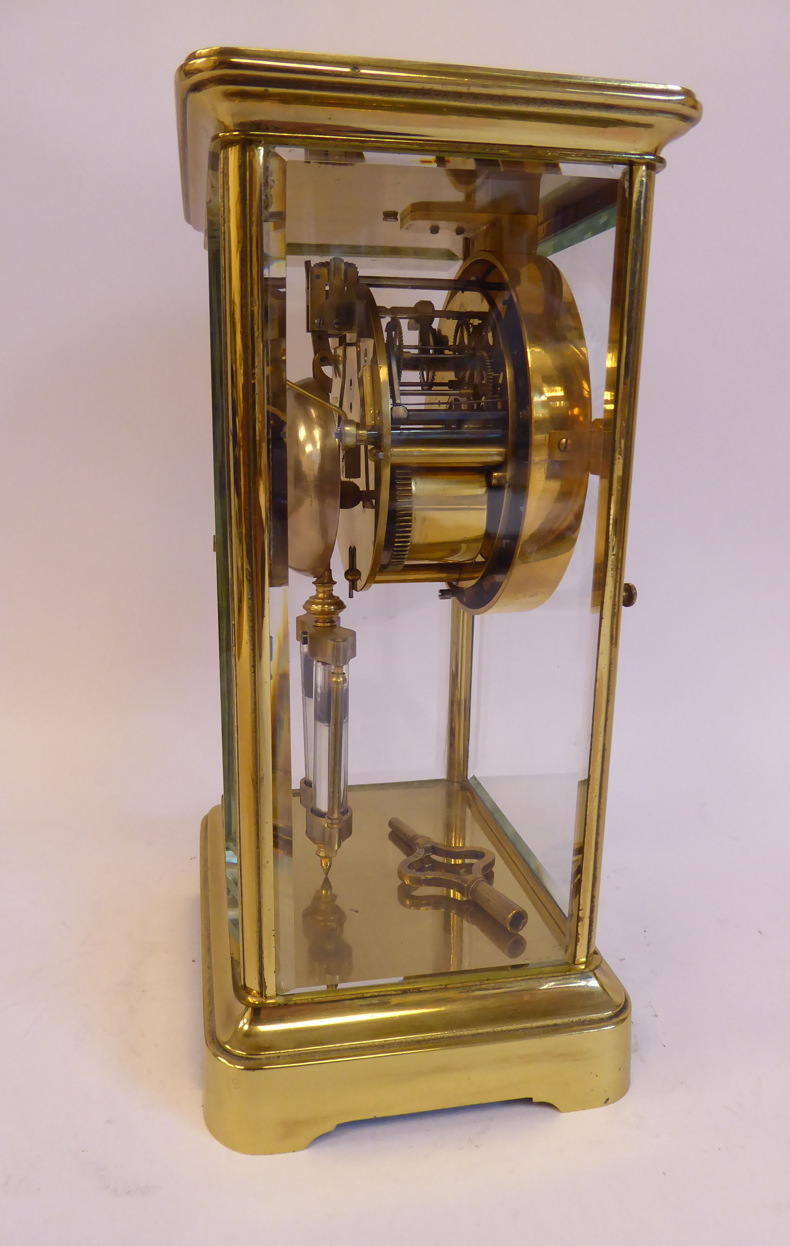 An early 20thC lacquered brass cased, four glass mantel clock, - Image 7 of 7