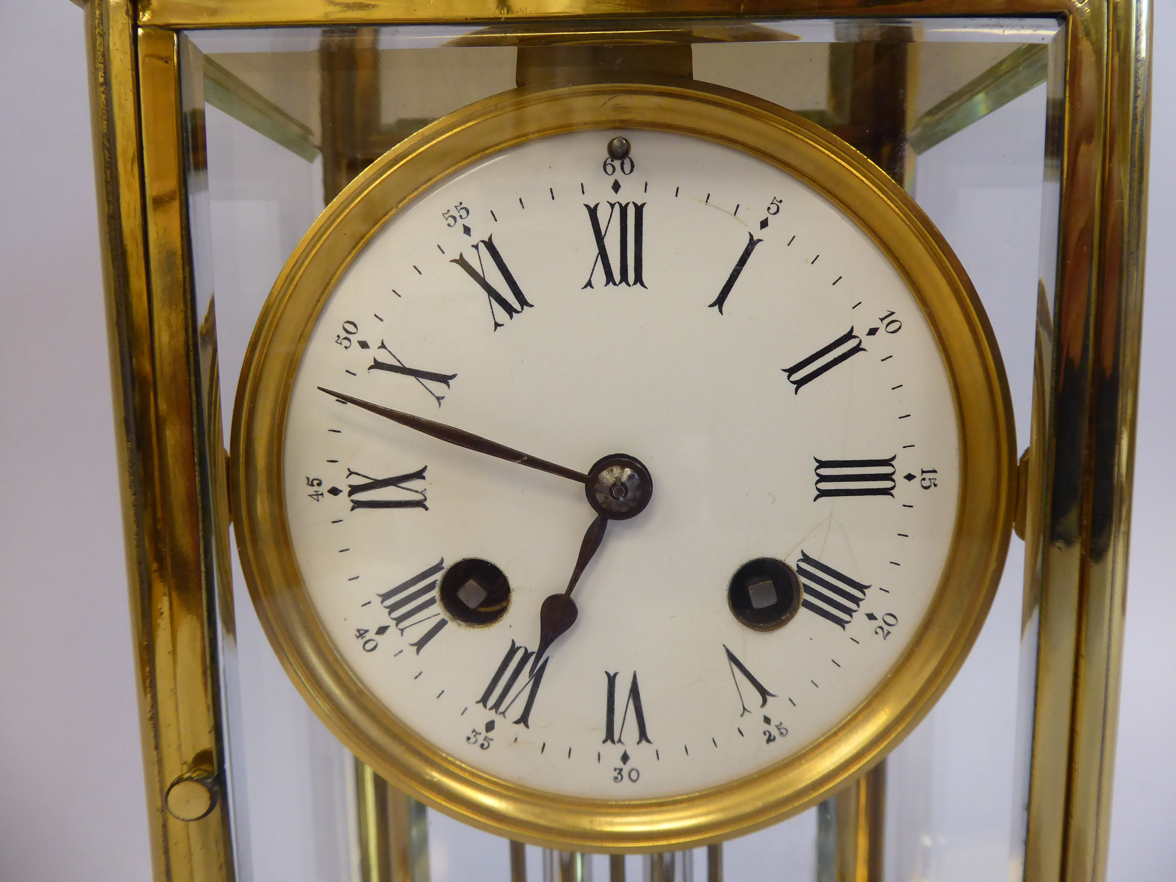 An early 20thC lacquered brass cased, four glass mantel clock, - Image 2 of 7