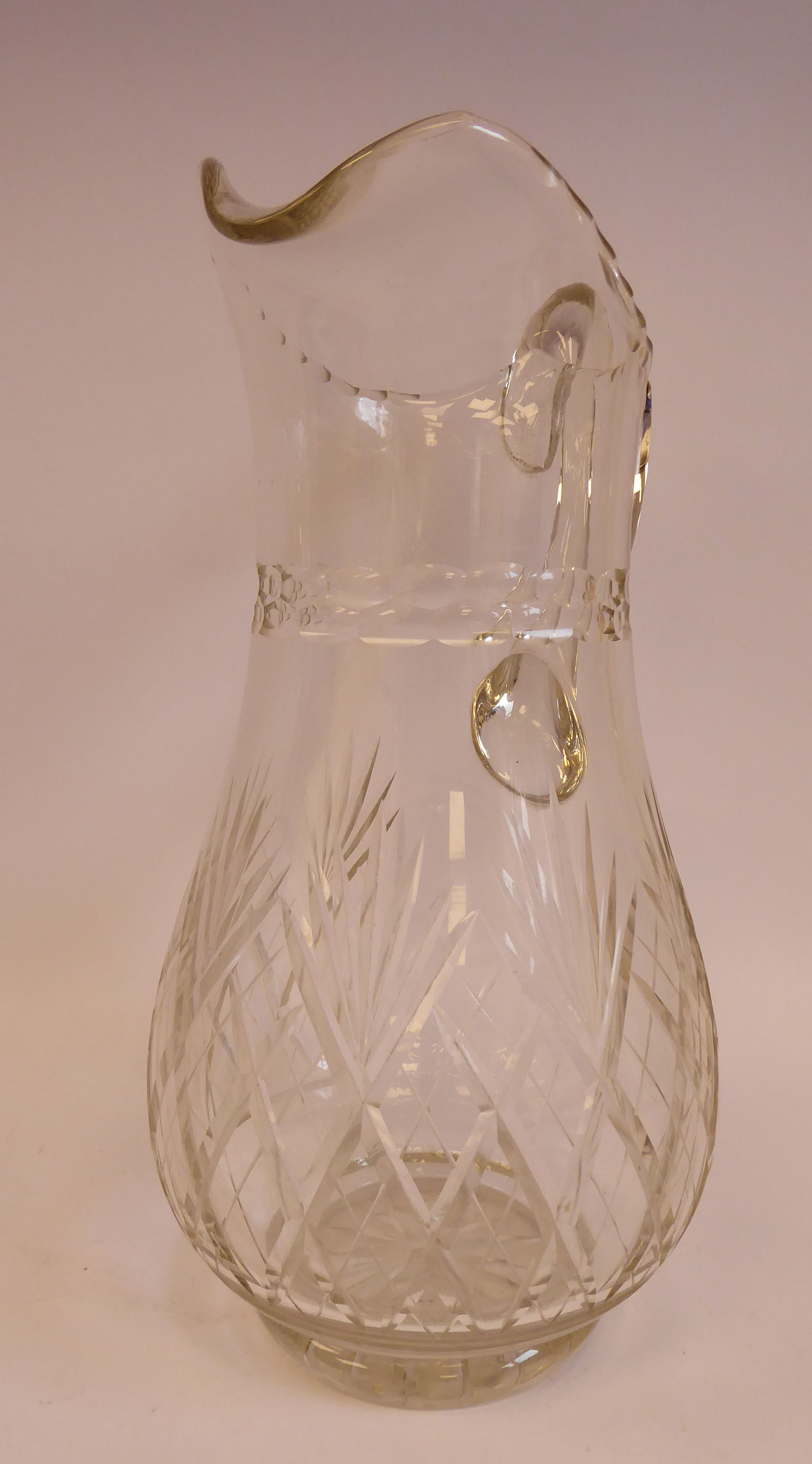 A late 19th/early 20thC crystal cordial jug of waisted baluster form with a drawn loop handle, - Image 2 of 6