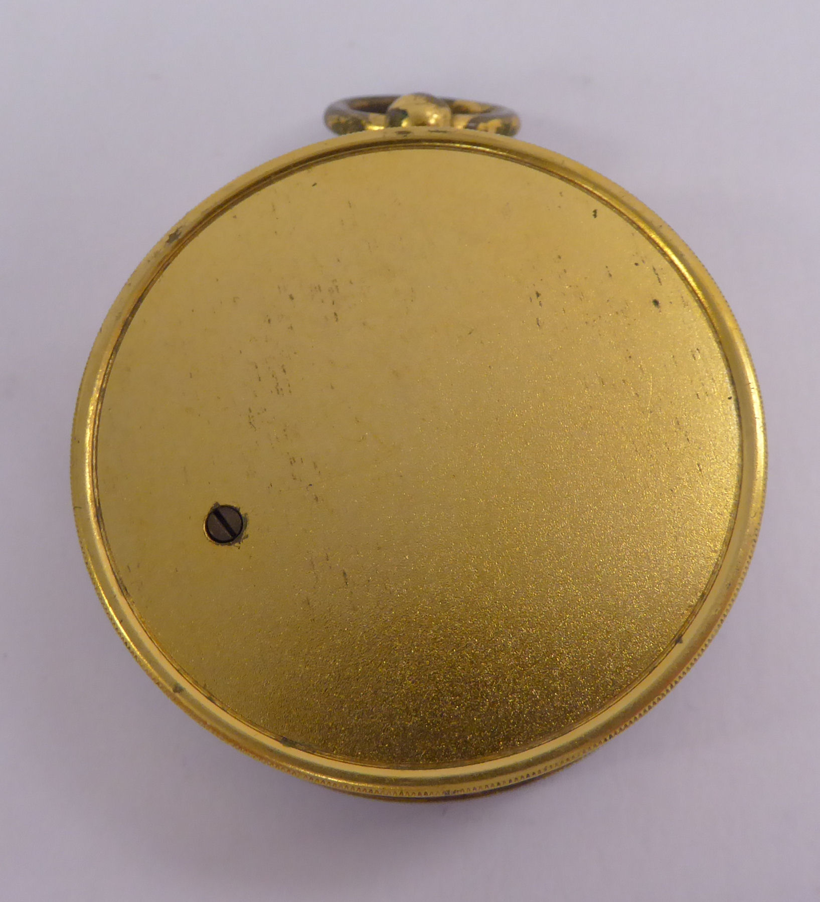 A late 19thC lacquered gilt metal drum cased pocket barometer with a silvered steel dial, - Image 5 of 5