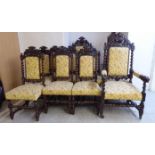 A set of ten late 19thC Jacobean Revival barleytwist and block, oak framed, high back dining chairs,